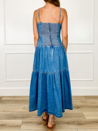 Medium wash denim cotton tiered dress, spaghetti straps, tiered maxi hem