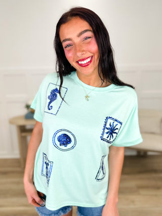 Stamped By the Sea Sequin Short Sleeve Green Avery Mae Top