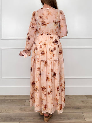 Peach floral button-up maxi dress with gathered back yoke and long sleeves