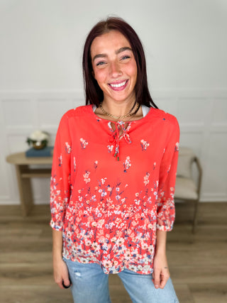 Floral is the Way 3/4 Sleeve Coral Orange Avery Mae Top