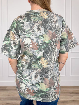 Cotton short-sleeve camo graphic tee, full back print view