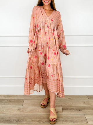 Pink rayon midi dress with floral print, long sleeves, gathered tiered skirt