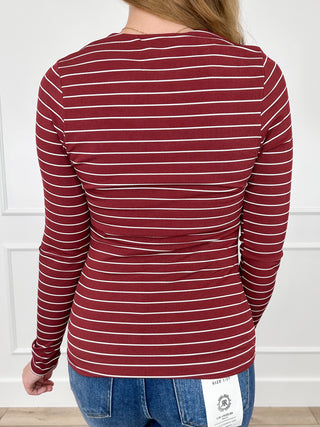 Rayon blend long-sleeve top, wine red with white stripes, back view