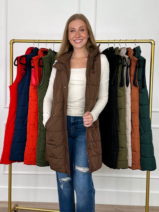 Brown sleeveless puffer vest with hood and quilted design, front button placket