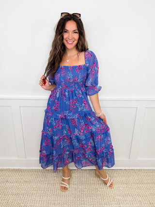 Floral tiered midi dress in blue with pink print, puff sleeves and square neckline