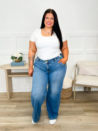 Judy Blue Bristol High-Rise Trouser Column Jeans - Medium Wash (Multiple Inseams, Double Button, Non-Distressed)