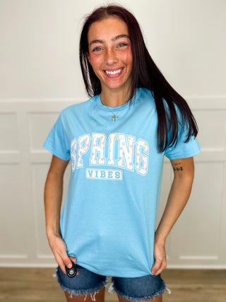 Spring Vibes are Happening Cotton Short Sleeve Blue Avery Mae Graphic Tee Shirt