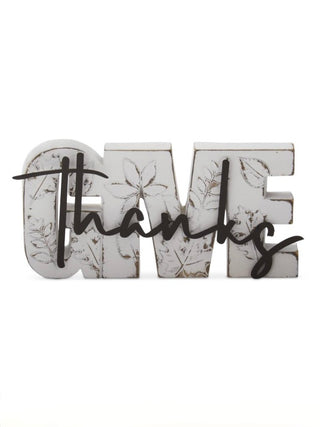 Resin letter decor reading 'thanks' with white finish and black cursive accents