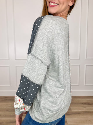 Long sleeve knit top in grey heather with polka-dot and floral side panels