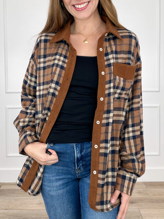 Brown and blue plaid long-sleeve button-up shirt with chest pocket and front buttons