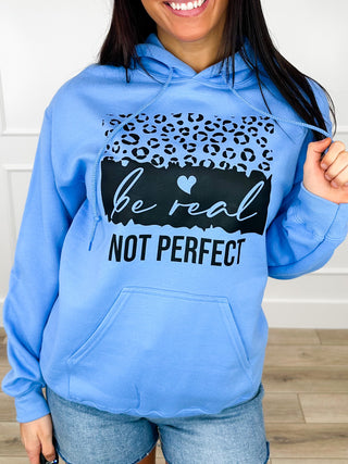 Be Real Not Perfect Cotton Blend Long Sleeve Blue Avery Mae Graphic Hoodie Sweatshirt (Gildan)
