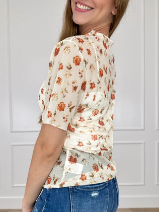 Cream floral sheer mesh short-sleeve top with ruched side detail and high neck