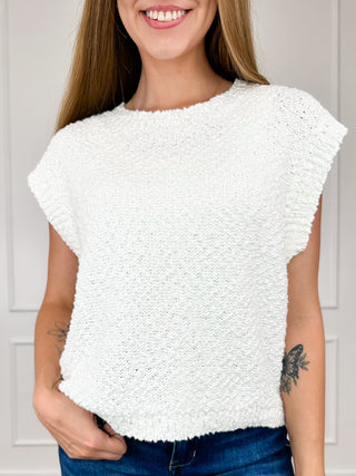 Cotton cap sleeve sweater top, textured white knit with round neckline