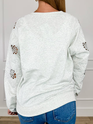 Long-sleeve cotton blend top, heather grey with lace floral sleeve appliques