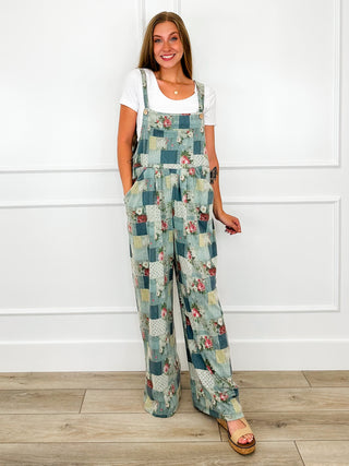 Teal patchwork floral overalls with bib front and adjustable straps