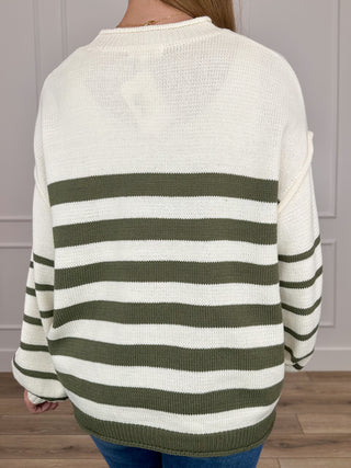 Cotton-blend long-sleeve sweater, ivory knit with olive and white horizontal stripes, back