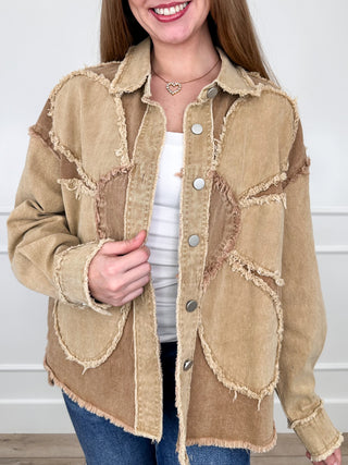 Tan cotton long-sleeve denim jacket with distressed patch pockets and button front