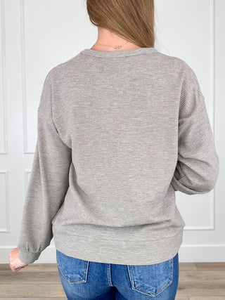 Rayon-blend long sleeve top in heather gray, crew neck, back view