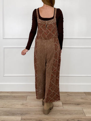 Brown patchwork cotton jumpsuit with back straps and wide straight-leg silhouette