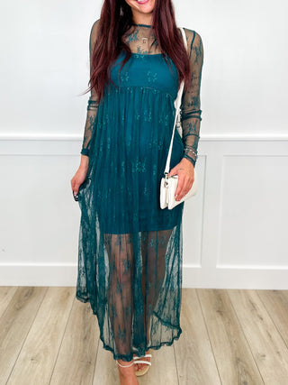 Can't Stop Me Sheer Mesh Long Sleeve Teal Green Avery Mae Dress