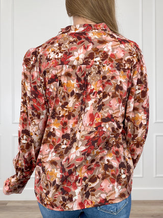 Floral print long-sleeve top with back yoke, rayon blend, latte brown base