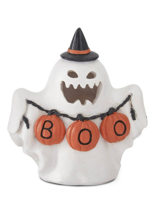 Resin light-up ghost decor, white with black grin, orange jack-o’-lanterns and hat