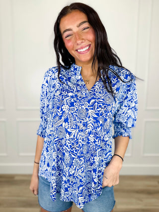 Dear Scarlett Voices of Reason Wrinkle-Free Short Sleeve Blue Top