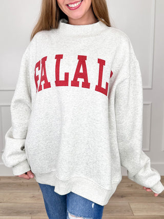 Light heather grey mock-neck cotton-blend sweatshirt with red 'HALA' graphic front
