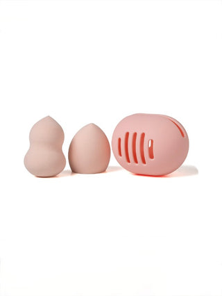 Pink makeup blending sponge set with two teardrop sponges and grooved round tool