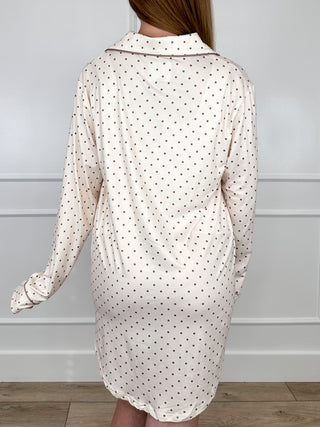 Back view cream knit nightgown with small dot print, long sleeves, button front