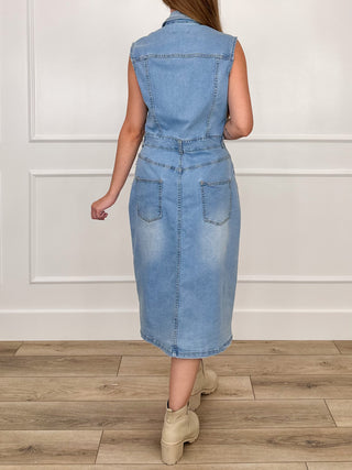 Medium wash denim sleeveless midi dress with back yoke and two back pockets