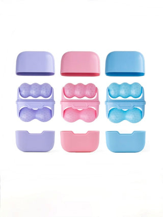 Ice roller set with molded roller heads in purple, pink, and blue