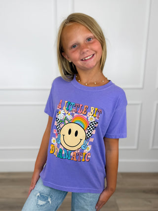 Kids purple cotton graphic T-shirt, short sleeves, worn with rainbow smiley face