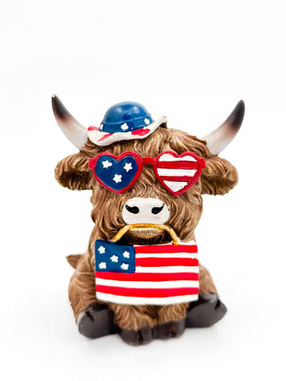 Patriotic paddock decor cow figure with star-and-stripe glasses and blue hat