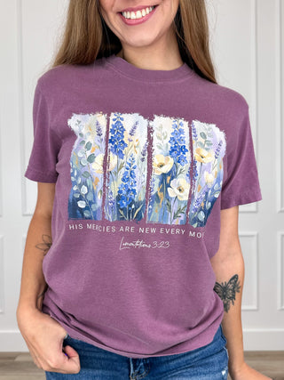 Purple cotton short-sleeve graphic tee with floral scripture print