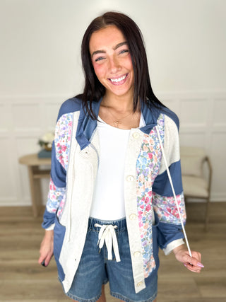 Go Around Town Lightweight Long Sleeve Blue Avery Mae Hooded Shacket