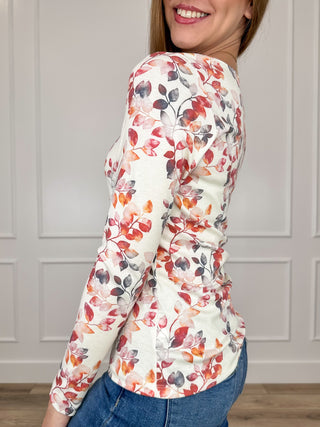 Women's cream floral knit long-sleeve top, scoop neck, side view