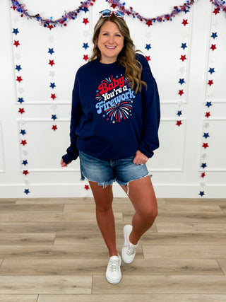 Navy long-sleeve graphic sweatshirt with starburst text on front