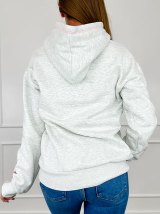 Light grey hoodie sweatshirt with hood, long sleeves, kangaroo pocket, back view
