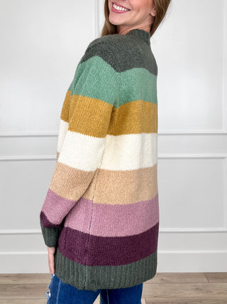 Multi-color striped knit long-sleeve cardigan, side view, open front