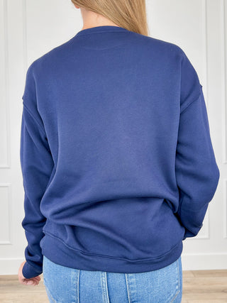That Cozy Feeling Cotton Blend Long Sleeve Blue Avery Mae Graphic Crewneck Sweatshirt (Bella+Canvas)