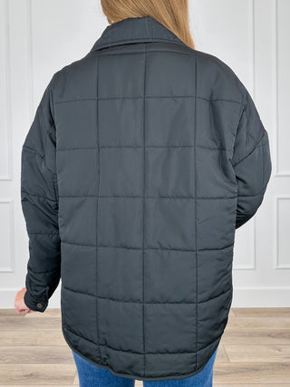 Lightweight long-sleeve quilted jacket, black, back view with full zipper