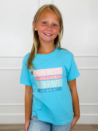 Kids cotton short-sleeve tee on child, turquoise with 'Be Honest, Be Brave' graphic