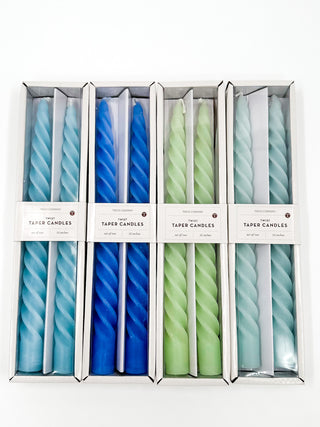 Twisted taper candle set with four colored twisted tapers: blue, light blue, green, teal
