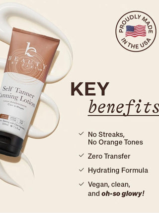 Self-tanning lotion tube with "Proudly made in the USA" badge and key benefits