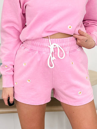Let it Shine high-rise cotton shorts in pink with daisy print and white drawstring