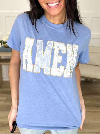 Amen in Bloom Cotton Short Sleeve Blue Avery Mae Graphic Tee Shirt