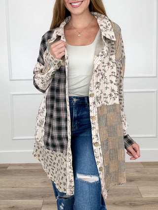 Patchwork cotton long-sleeve tunic top with floral, plaid, and striped panels