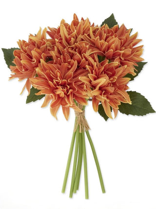 Lifelike dahlia flower bundle in rust orange with green leaves and long stems