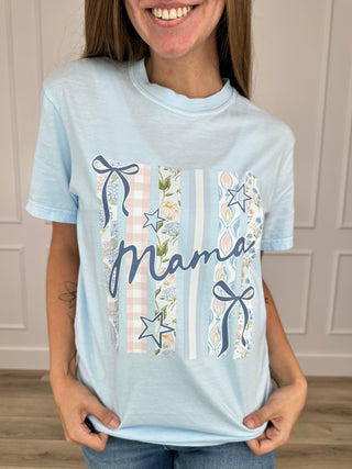 Light blue short-sleeve cotton tee with 'Mama' and stars graphic